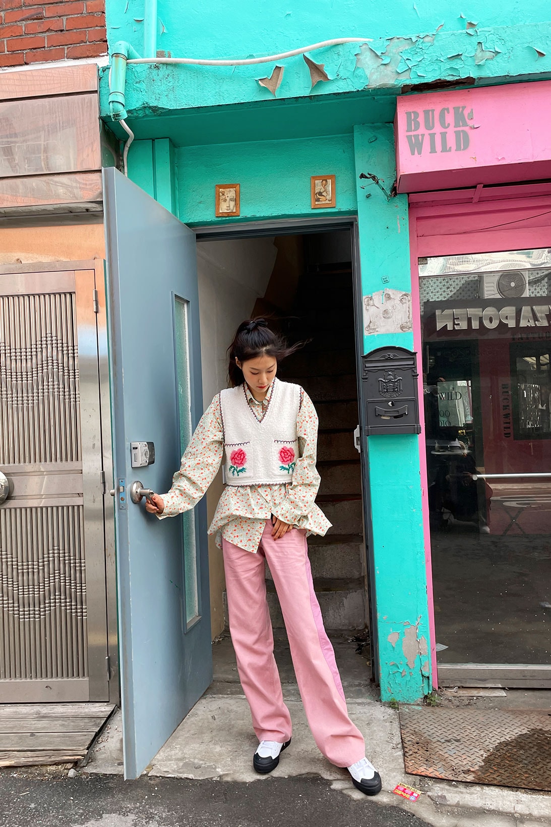 jung hayoung korean model upcycling sustainable fashion pink trousers knit sweater