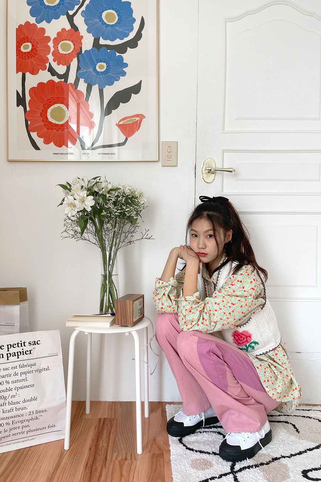 jung hayoung korean model upcycling sustainable fashion pink pants jeans knitwear crochet