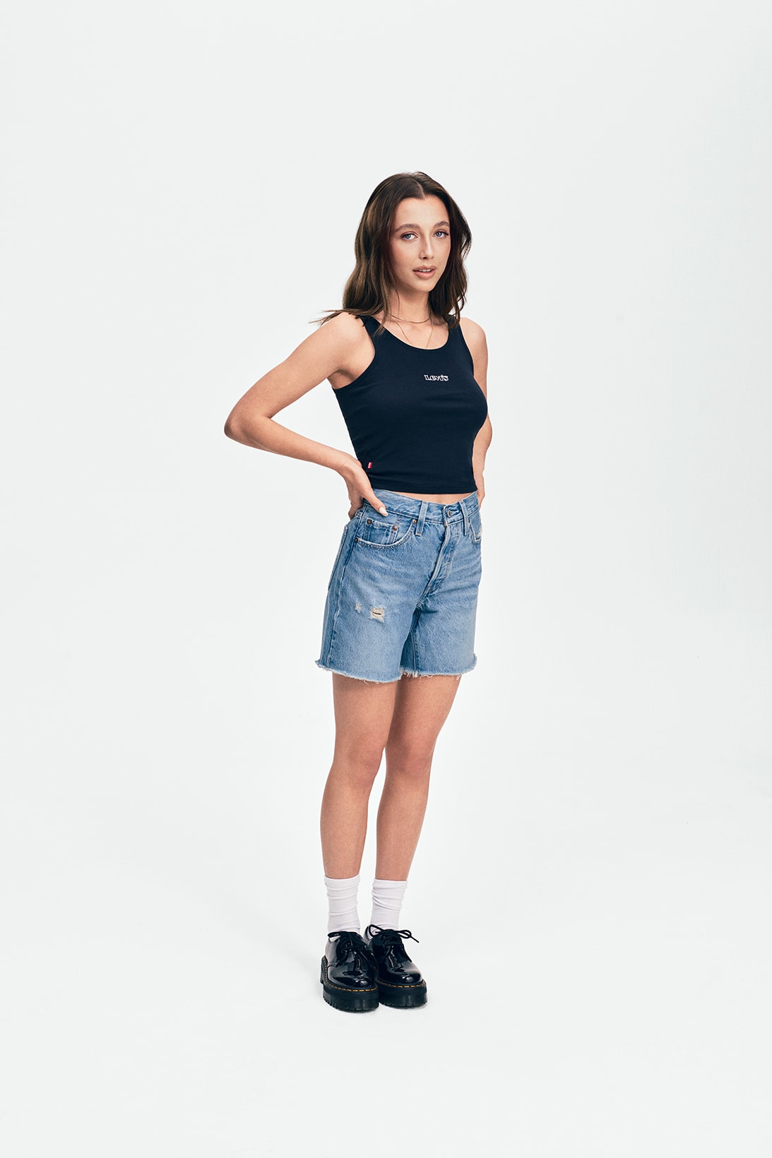 Levi's 501 Originals Jeans Campaign Emma Chamberlain Tank Top Shorts