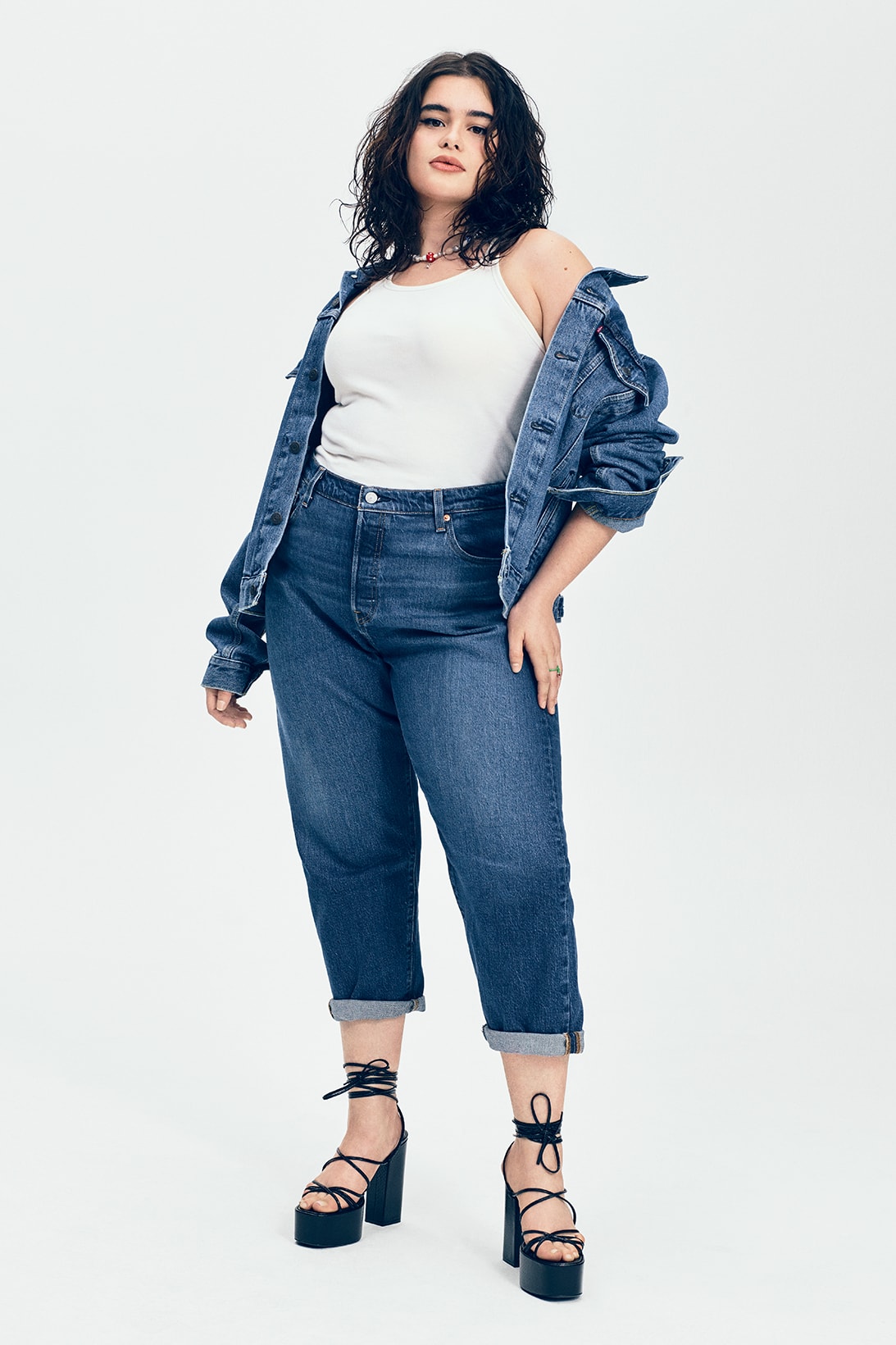 Levi's 501 Originals Jeans Campaign Barbie Ferreira Tank Top Jacket Heels