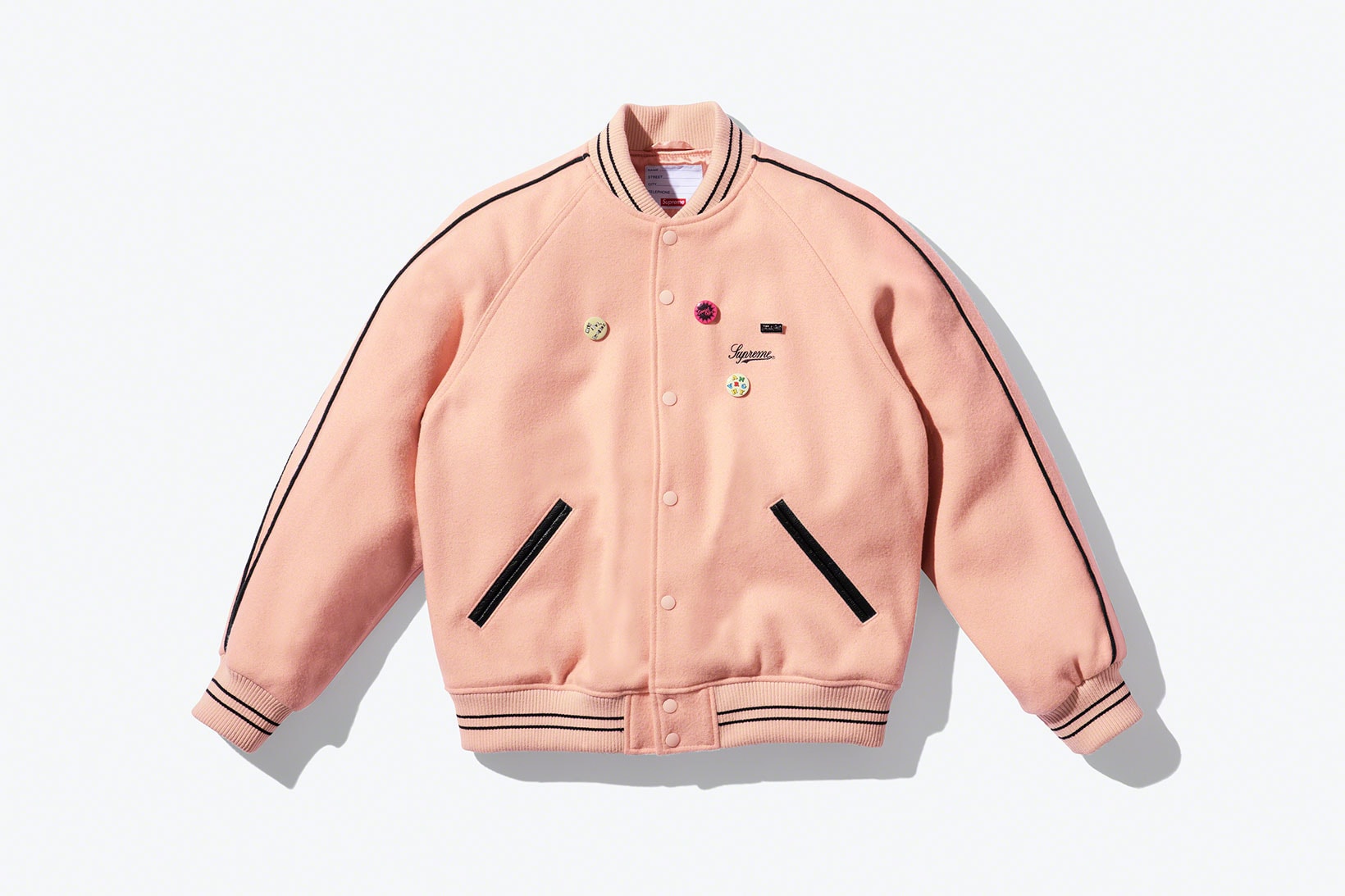 supreme jamie reid spring 2021 collection varsity jacket pink