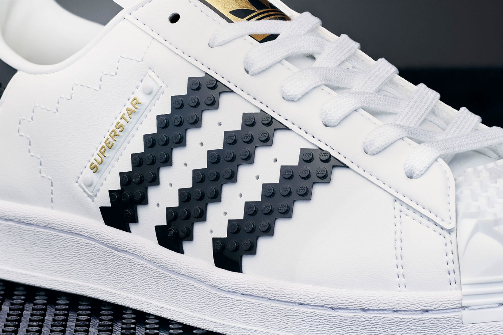 adidas originals lego superstar sneakers collaboration 10282 three stripes closeup