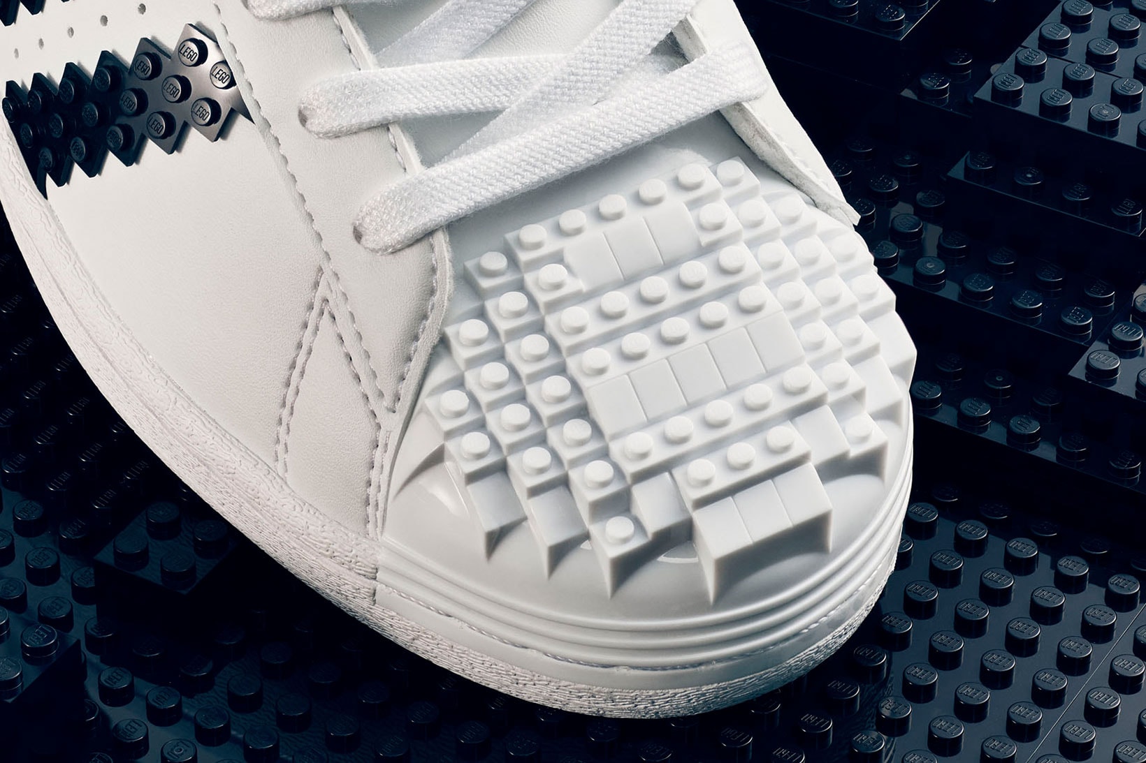 adidas originals lego superstar sneakers collaboration 10282 toe box closeup