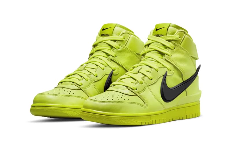 ambush nike dunk high flash lime official look upper black swoosh shoelaces
