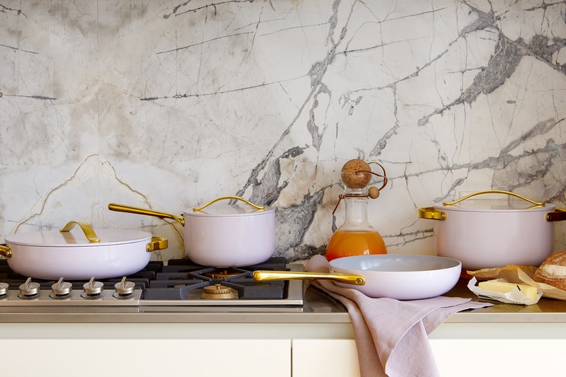 Caraway Sauté Pan in White with Gold Handle