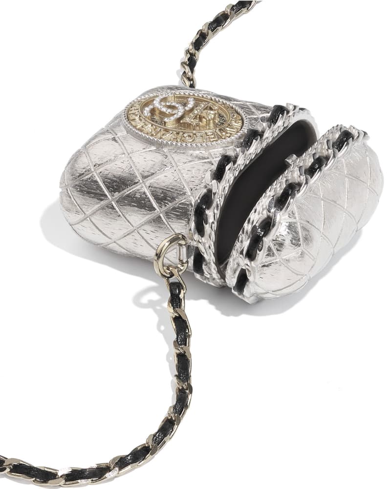 chanel apple airpods cases metal silver chain details