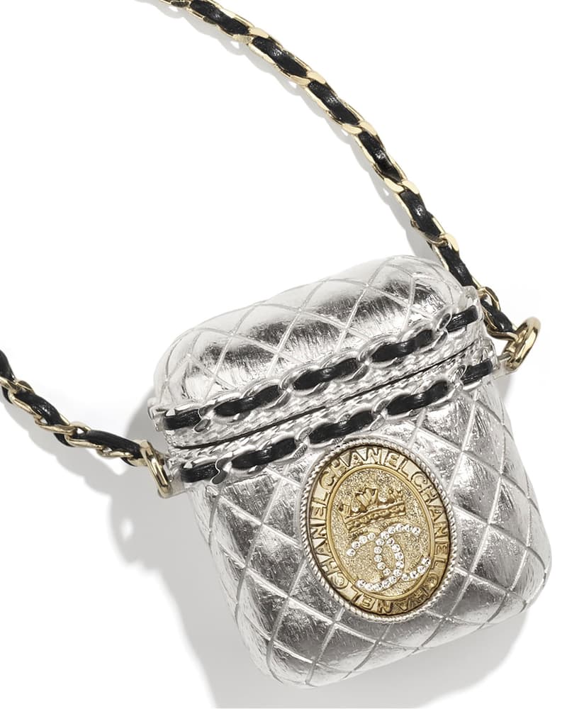 chanel apple airpods cases metal silver chain details necklace