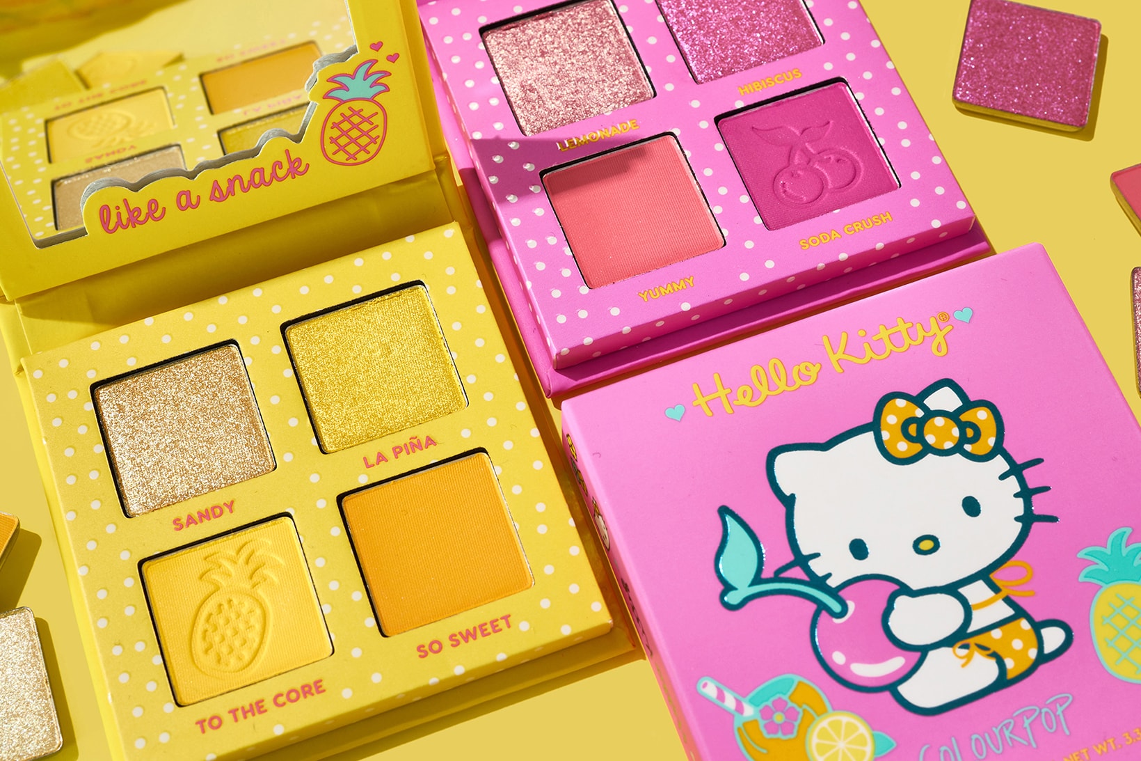 Hello Kitty ColourPop Tropical Escape Collection eyeshadow palettes pink orange yellow