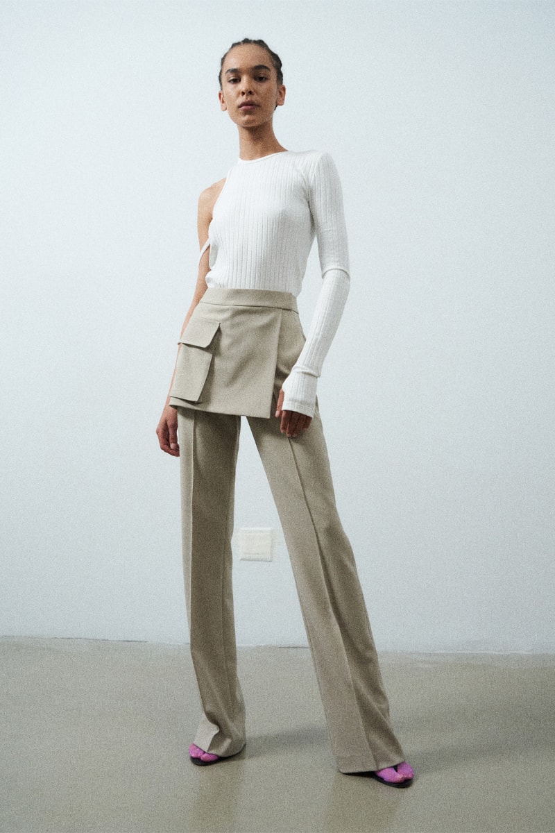 helmut lang resort 2022 collection lookbook asymmetrical tee kilt pants