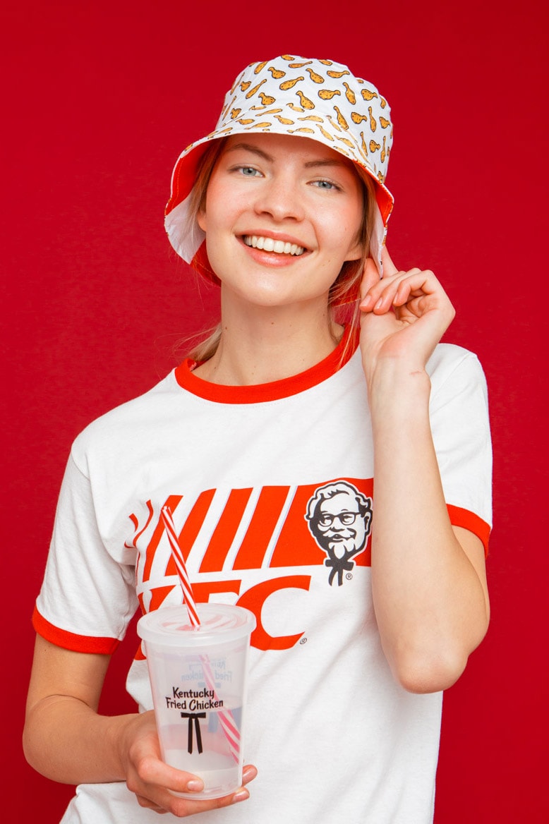 KFC UK Slides and Bucket Hats Summer Merch Release Fried Chicken Red White Stripe Colonel Sanders Fast Food