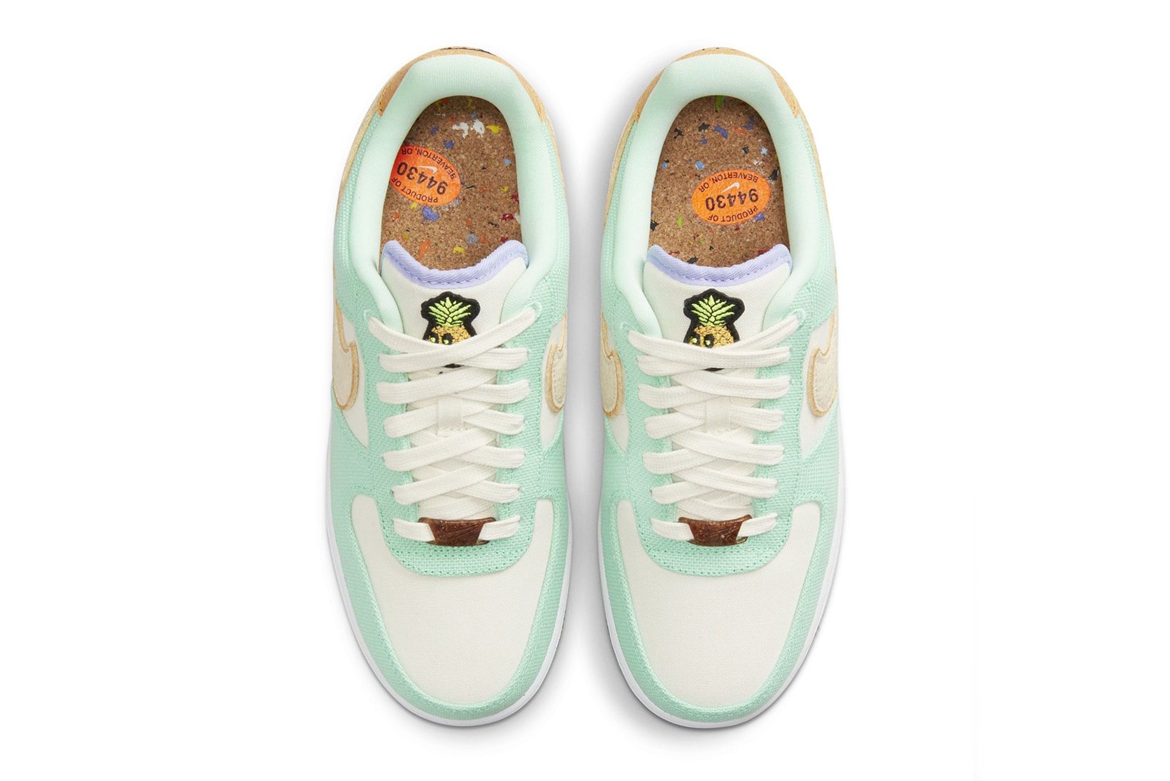 Nike Air Force 1 AF1 Pineapple Canvas Sneakers Shoes Kicks Footwear Teal Blue White Brown Top View Aerial Insole