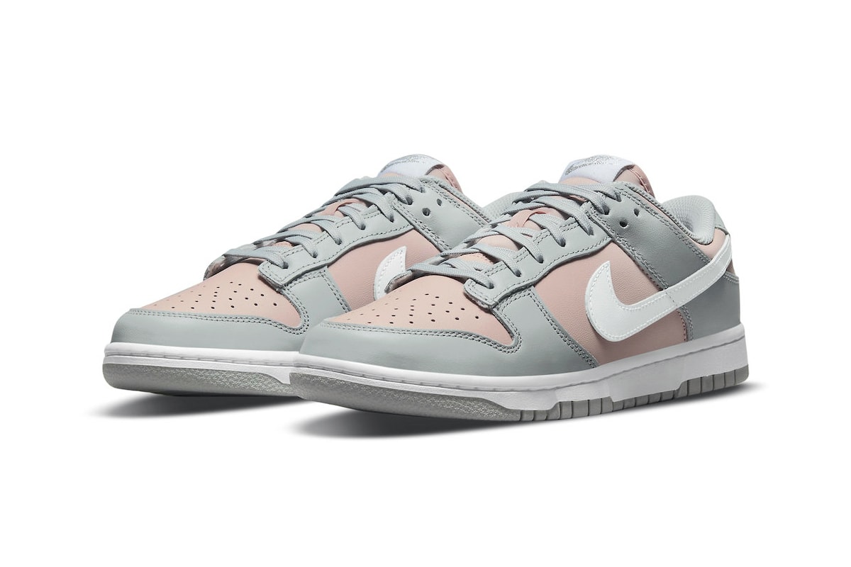 nike dunk low muted pink gray white sneakers front swoosh upper