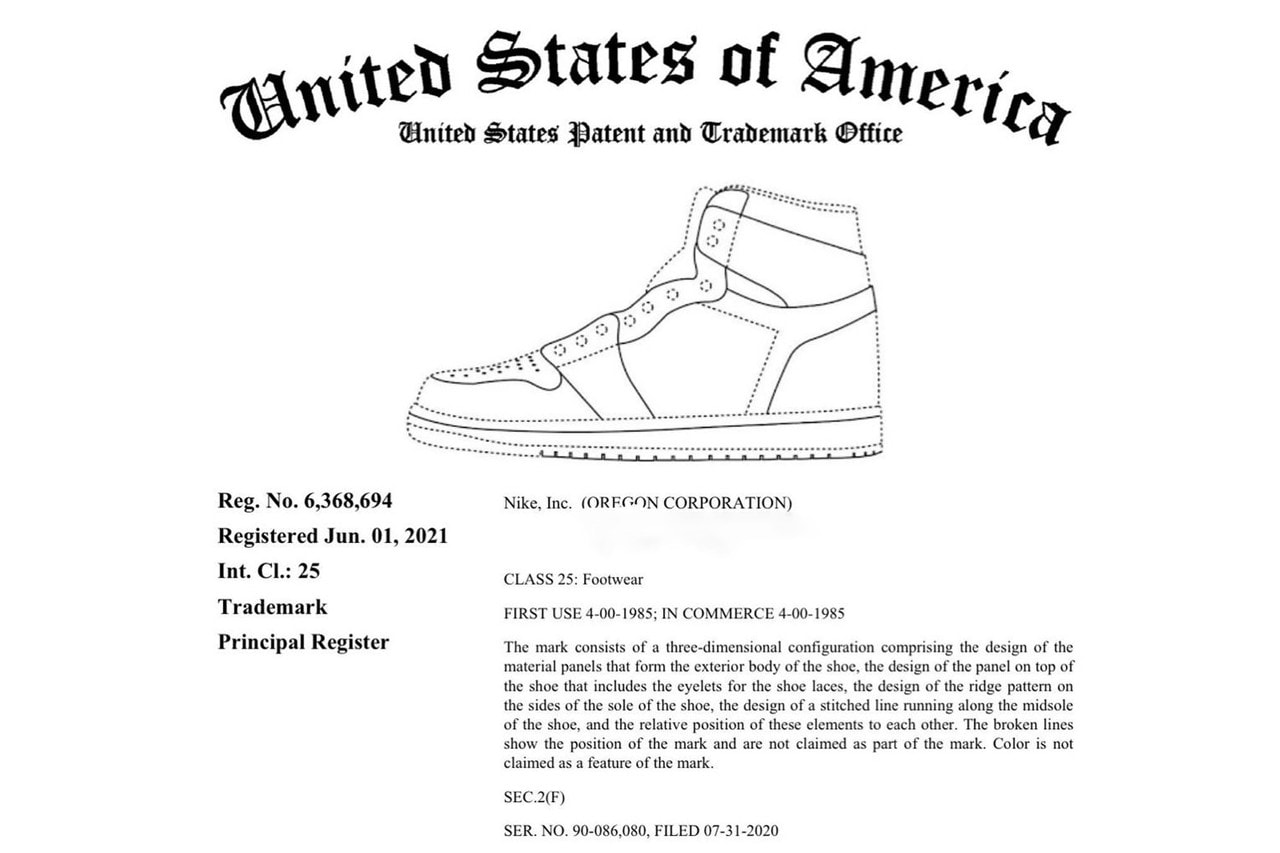 Nike Air Jordan 1 Receives Federal Trademark Protection High Low SE USPTO Patent
