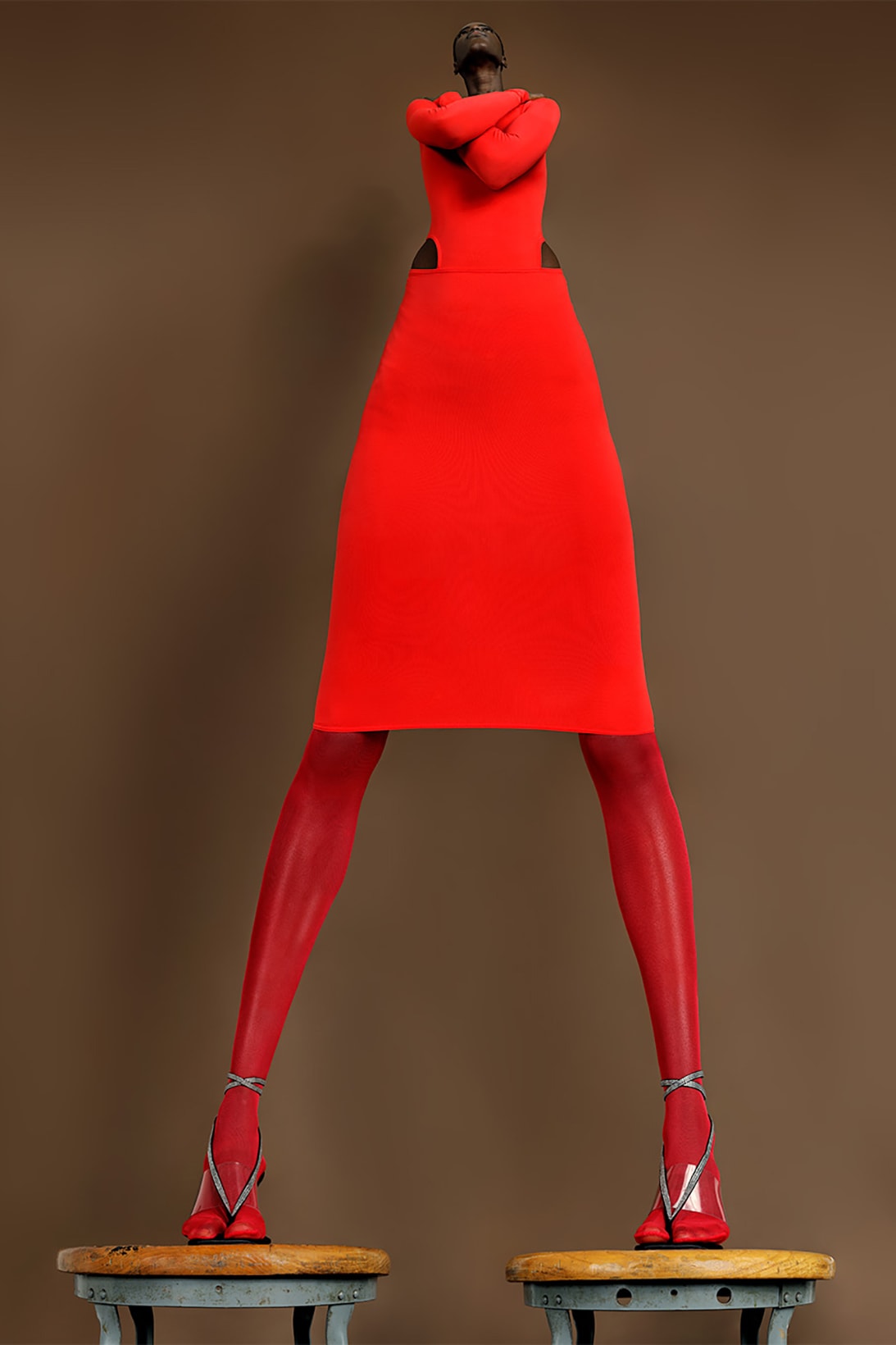 Amina Muaddi Wolford Legwear Collaboration Red Dress Heels