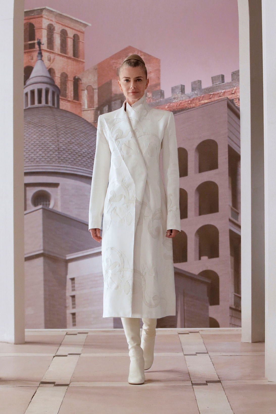 Fendi Kim Jones Fall/Winter 2021 Couture Collection white long coat jacket