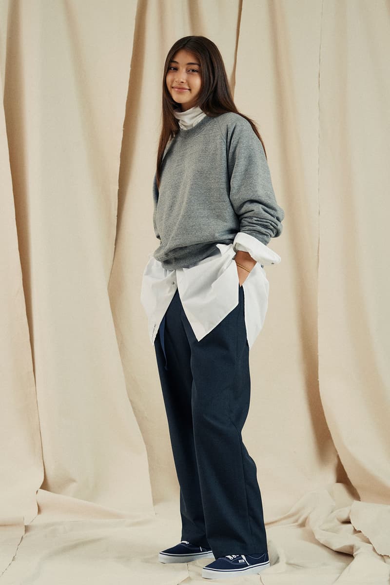 nanamica fall winter fw21 womenswear lookbook gray sweater knit white shirt