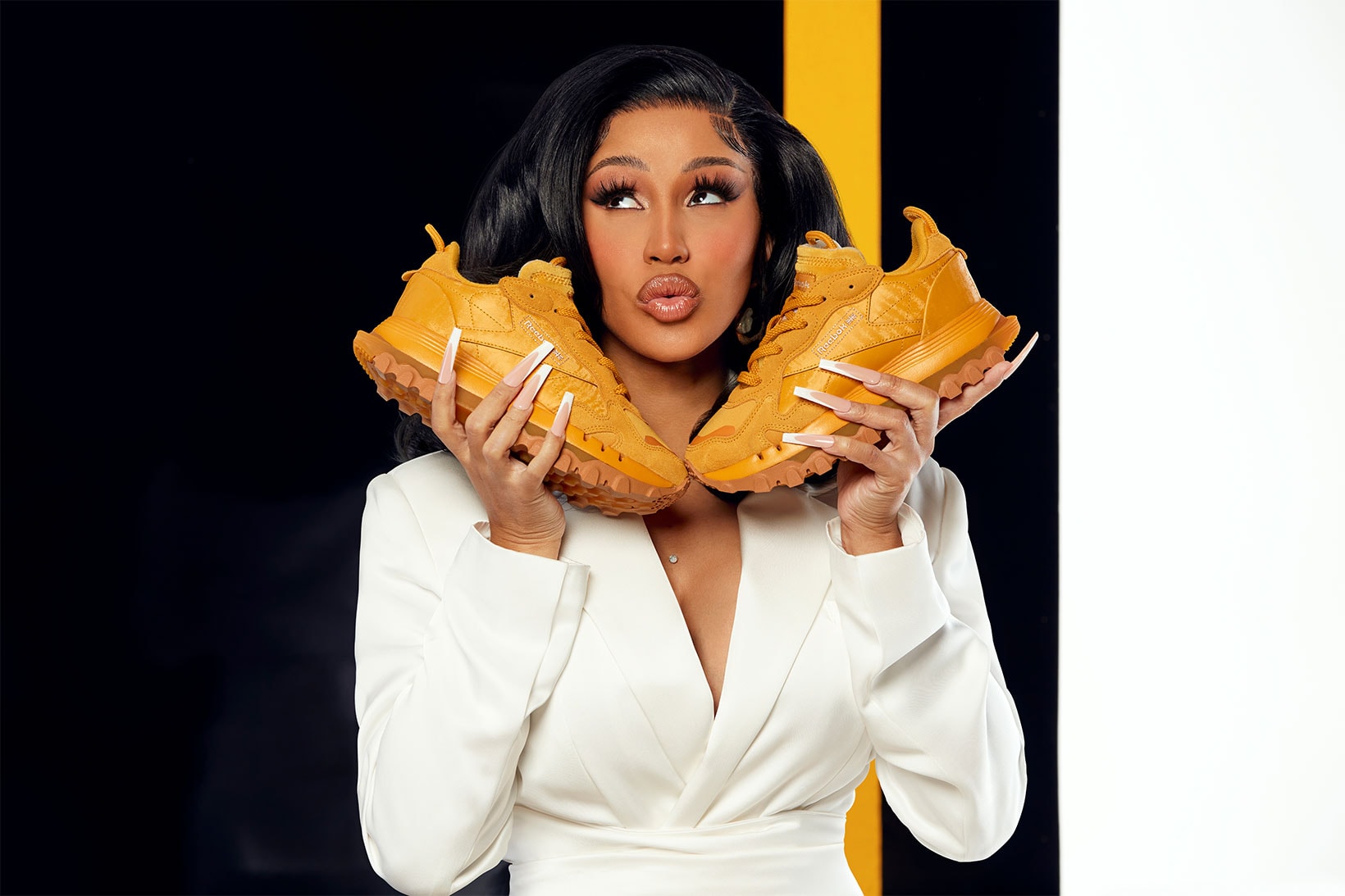 Reebok Cardi B Classic Leather Gold Sneakers Collaboration Campaign