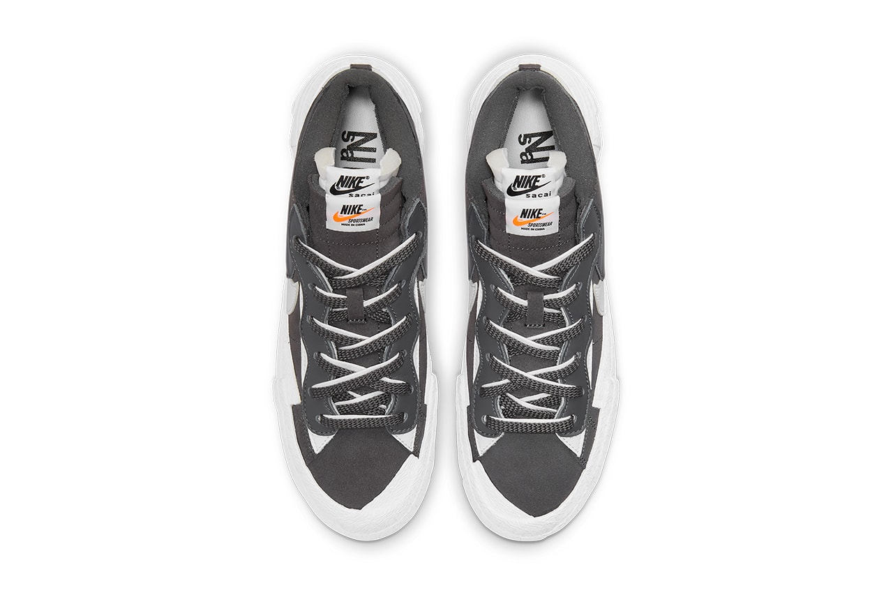 sacai nike blazer low iron grey collaboration sneakers upper shoelaces tongue