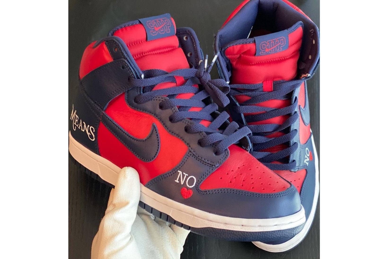 Supreme Nike SB Dunk High By Any Means Navy Blue Red Sneakers Kicks Footwear Shoes
