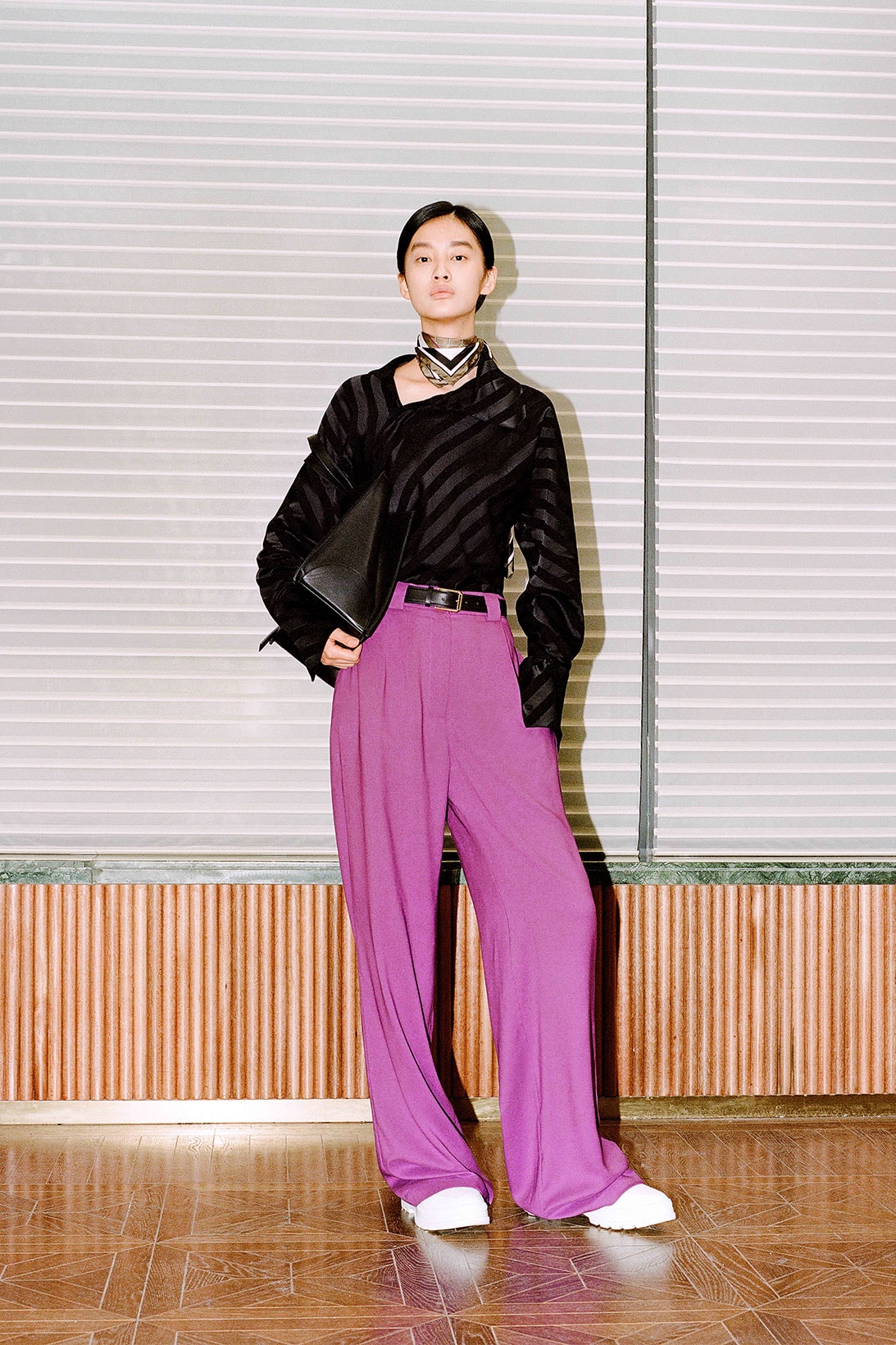 Shanghai Tang Yuni Ahn model black top purple pants