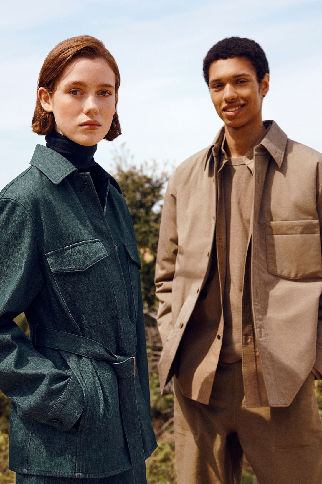 Uniqlo fw21 collection green and brown jacket on two models