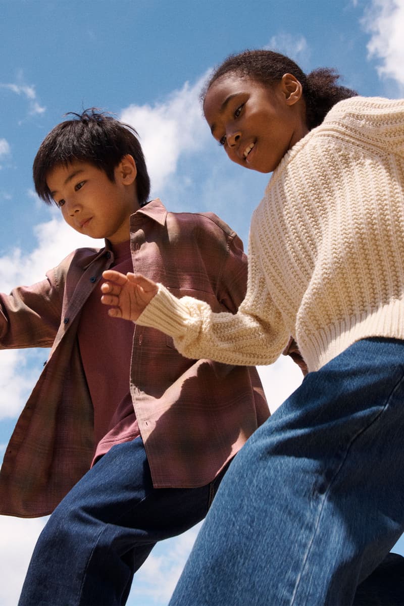 Uniqlo fw21 collection white sweater and flannel on two children