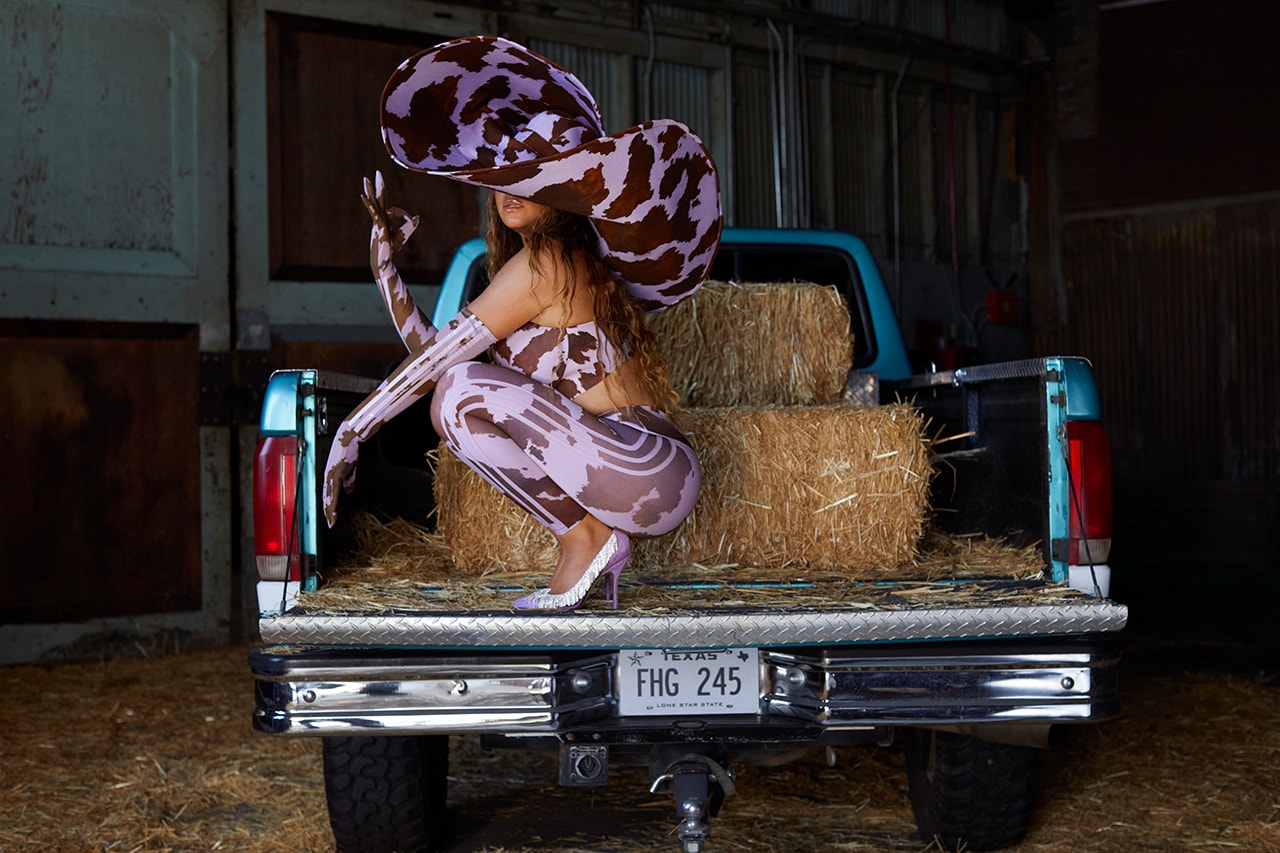 Beyoncé IVY PARK Rodeo Collection Campaign adidas Lilac Purple Cow Print Buster Corset Leggings Hat