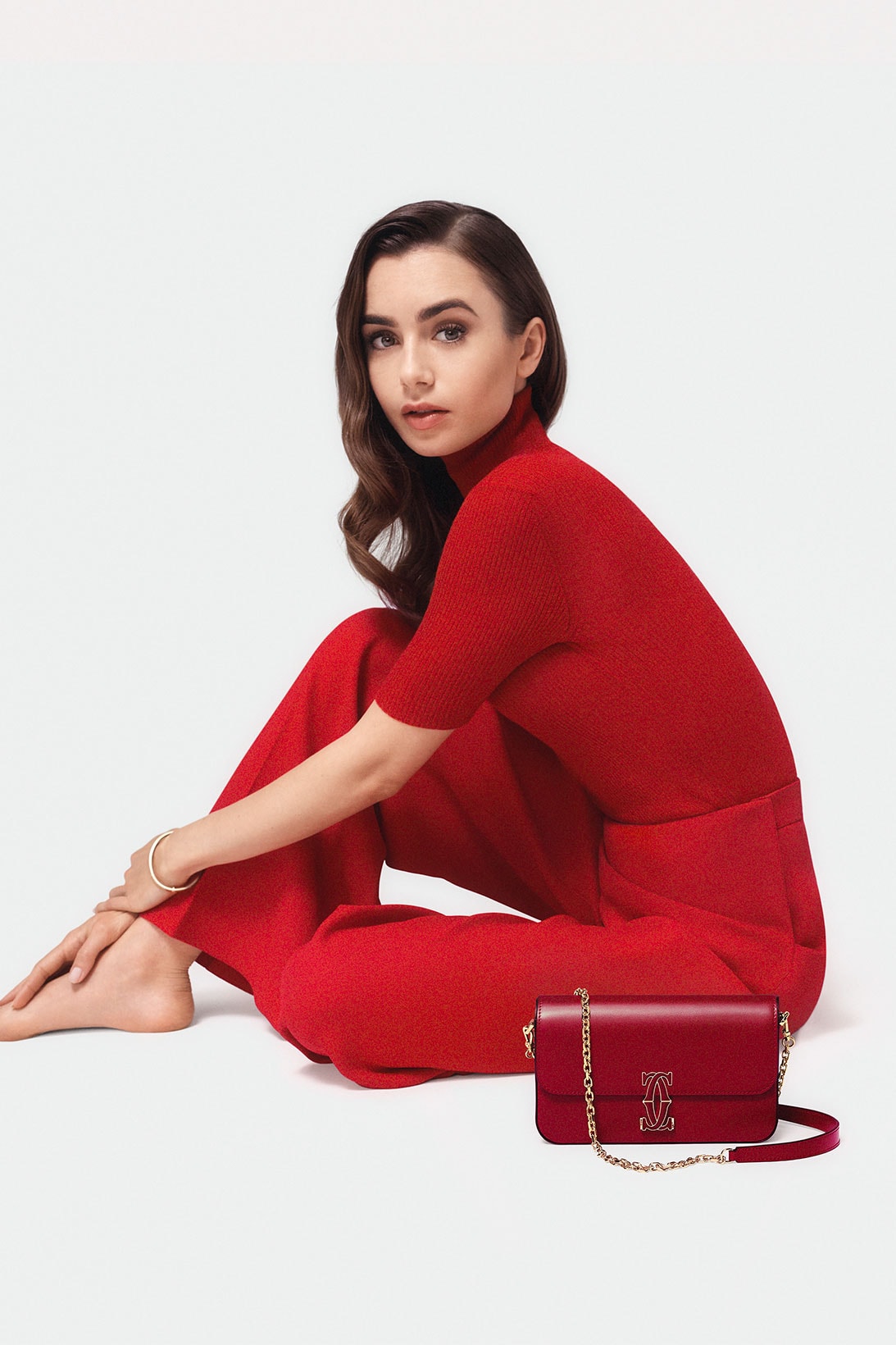 Double c de cartier bag in cherry red with lily collins