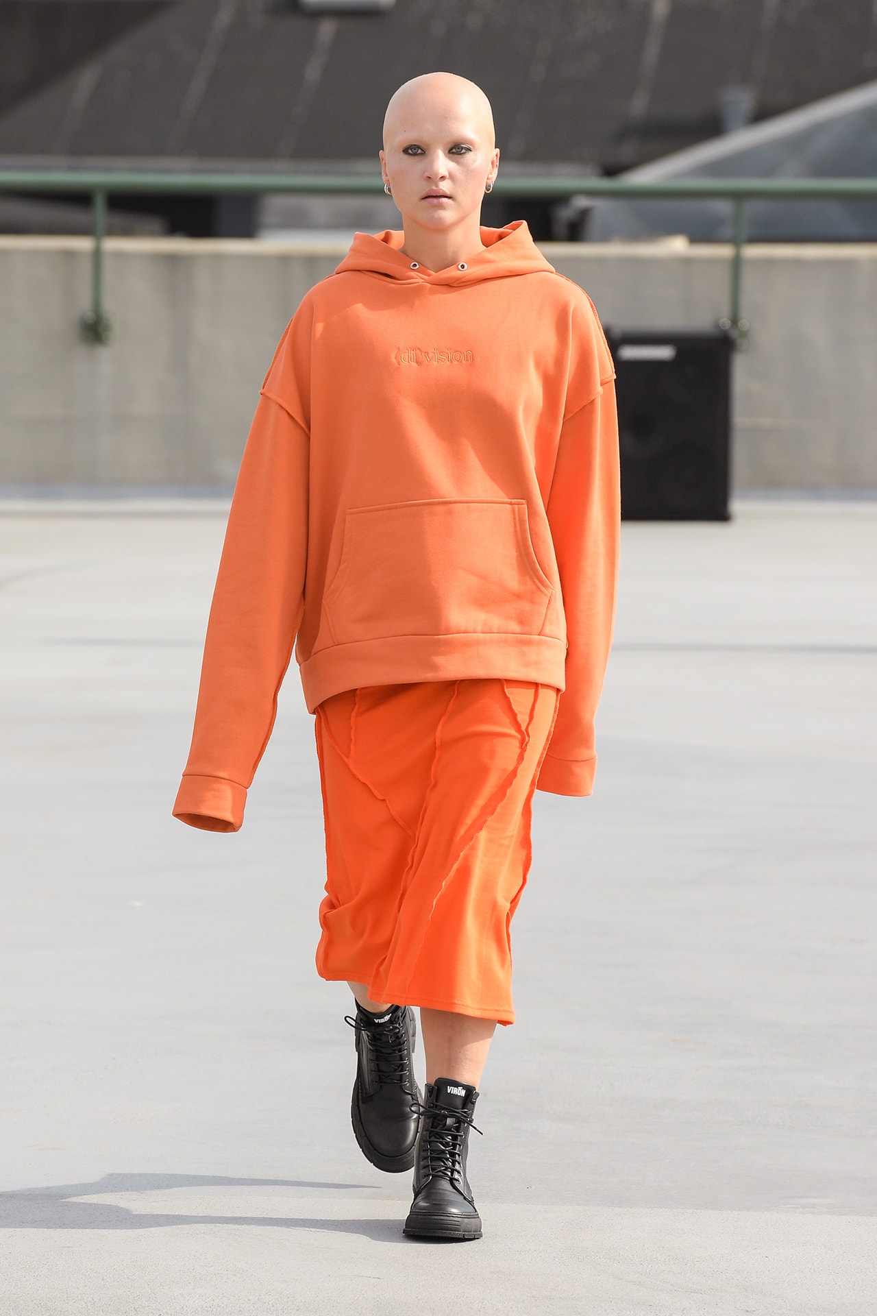 (di)vision Spring Summer 2022 runway show collection division Copenhagen Danish Brand Fashion Design Simon Nanna Wick upcycling orange hoodie skirt