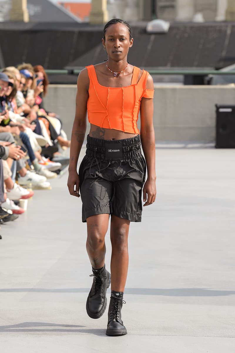 (di)vision Spring Summer 2022 runway show collection division Copenhagen Danish Brand Fashion Design Simon Nanna Wick upcycling orange top shorts
