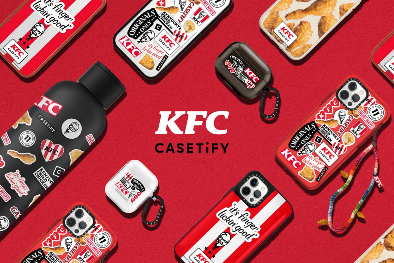 KFC Casetify Tech Accessories Collaboration Apple iPhone AirPods Cases Water Bottles