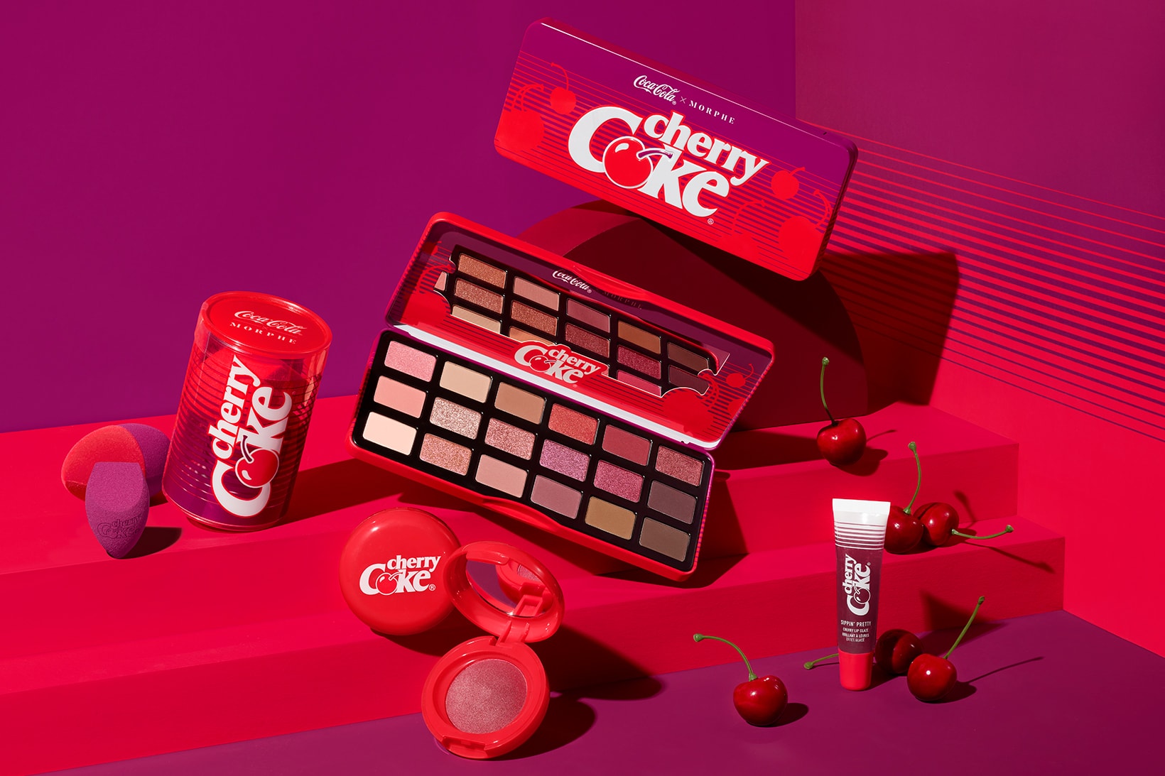 morphe coca cola makeup collaboration eyeshadow palette lip gloss blush beauty sponge
