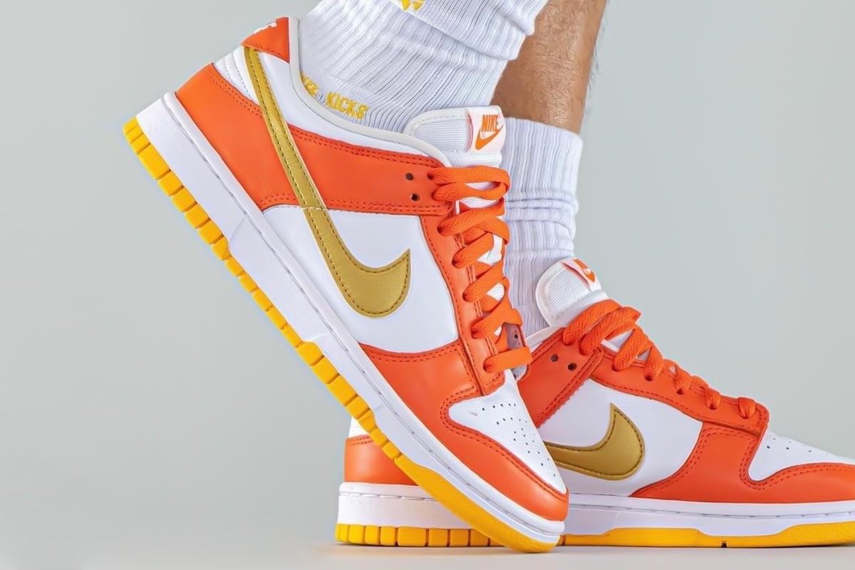 Nike Dunk Low Golden Orange Yellow Sneakers On Foot Look Release 