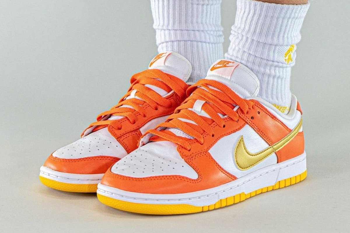 Nike Dunk Low Golden Orange Yellow Sneakers On Foot Look Release 
