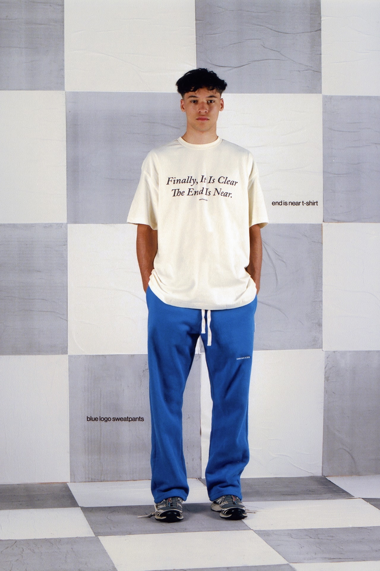 Saintwoods SW.013 SW013 Collection Lookbook Pop-Up Shop Montreal Canada Streetwear Brand Blue Sweat Pants T-Shirt Finally It Is Clear The End Is Near