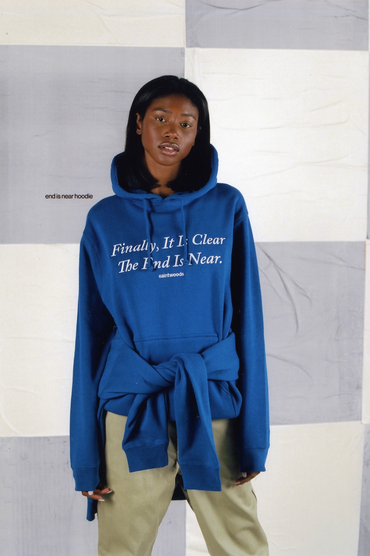 Saintwoods SW.013 SW013 Collection Lookbook Pop-Up Shop Montreal Canada Streetwear Brand Finally It Is Clear The End Is Near Blue Hoodie