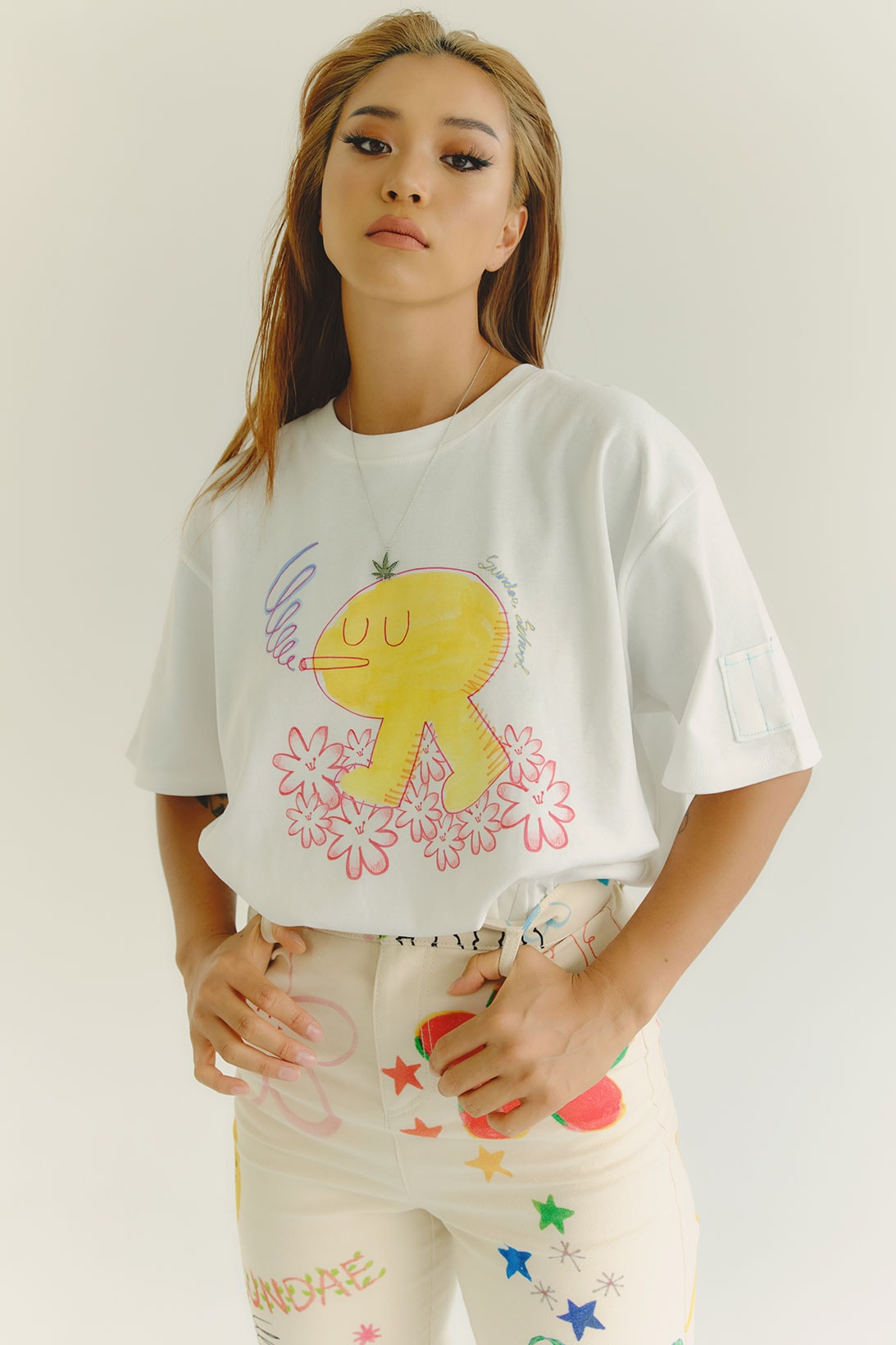 sundae school pre fall 2021 summer we drew collection graphic t-shirt white pants