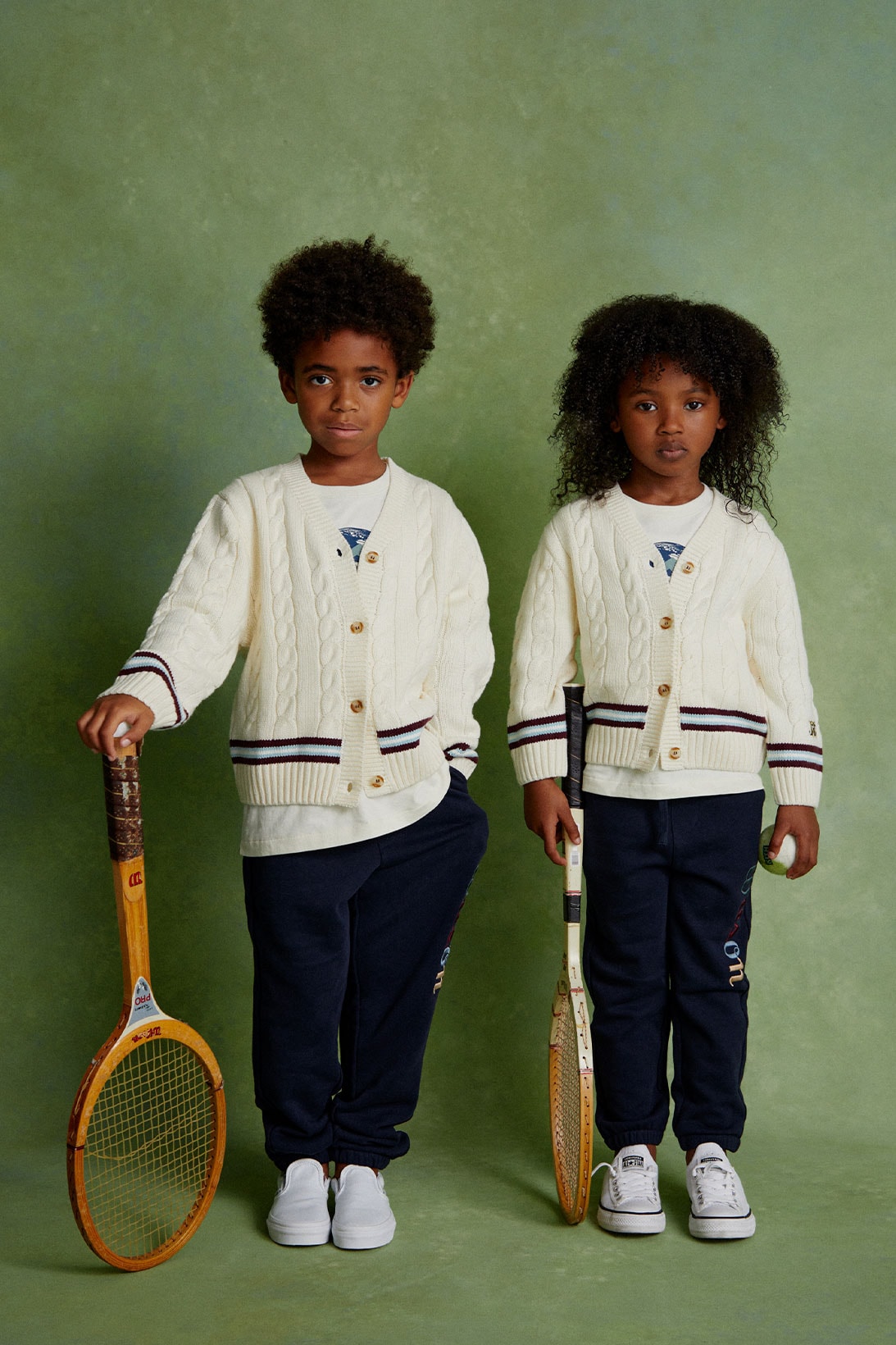 Wilson x KITH Sportswear Kids collection white tee cream cardigan navy pants