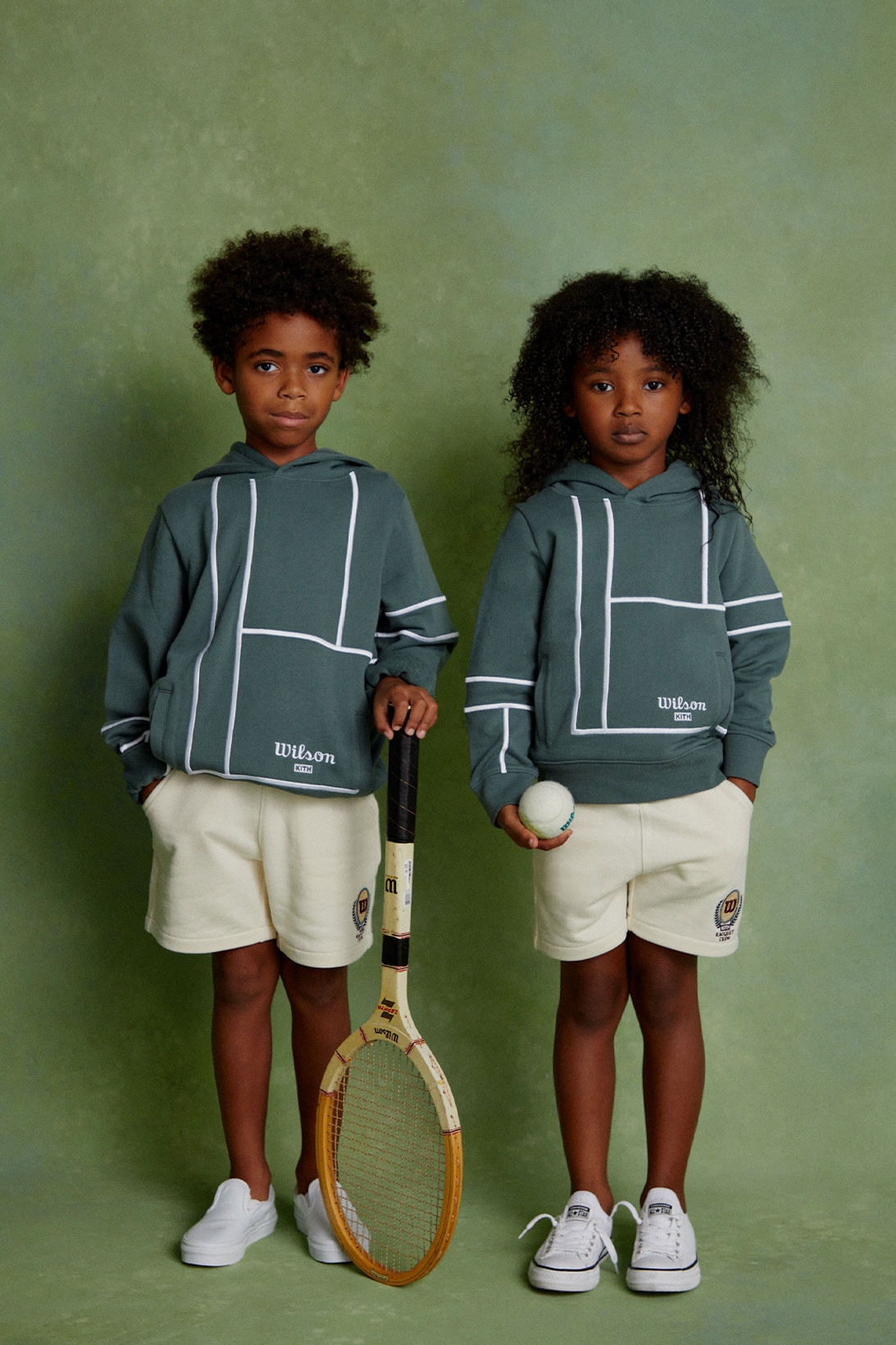 Wilson x KITH Sportswear Kids collection green hoodie cream shorts