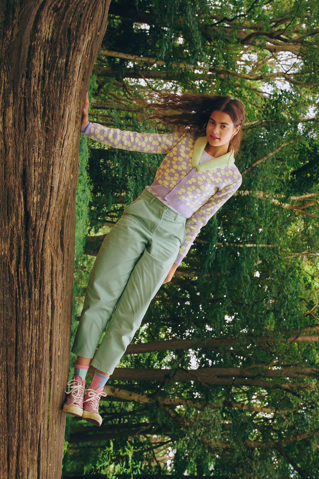 Lazy Oaf's winter collection "Lazy Waves" green pants pastel cardigan