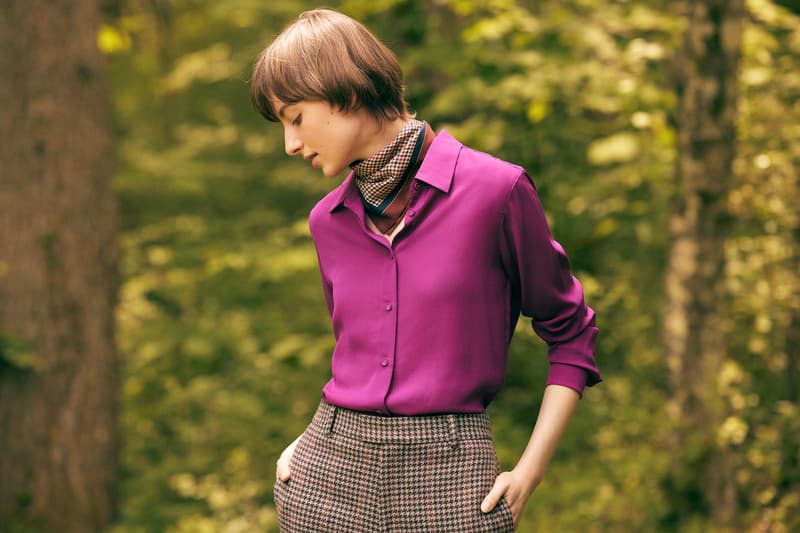 Ines de la Fressange x UNIQLO FW21 Collection Maroon shirting scarf pants