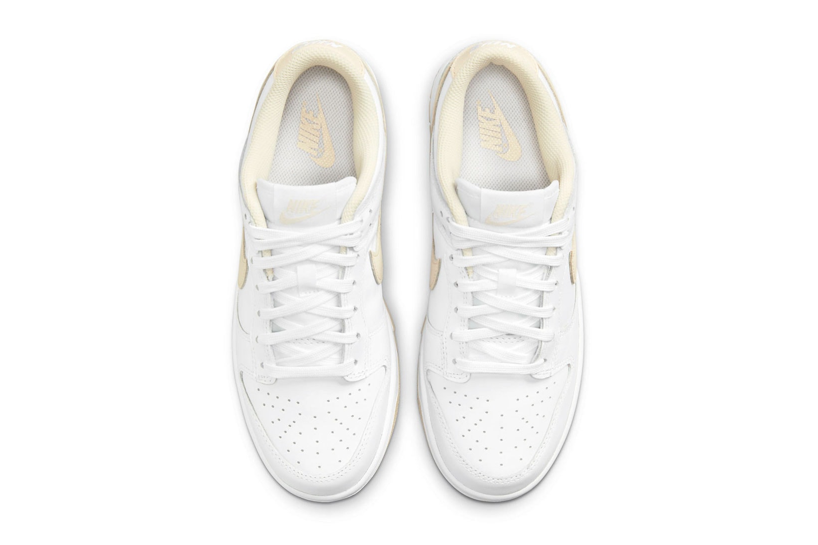 Nike Womens Sneakers Dunk Low Pearl White Beige Footwear Shoes Kicks Lateral Aerial Top View Insole