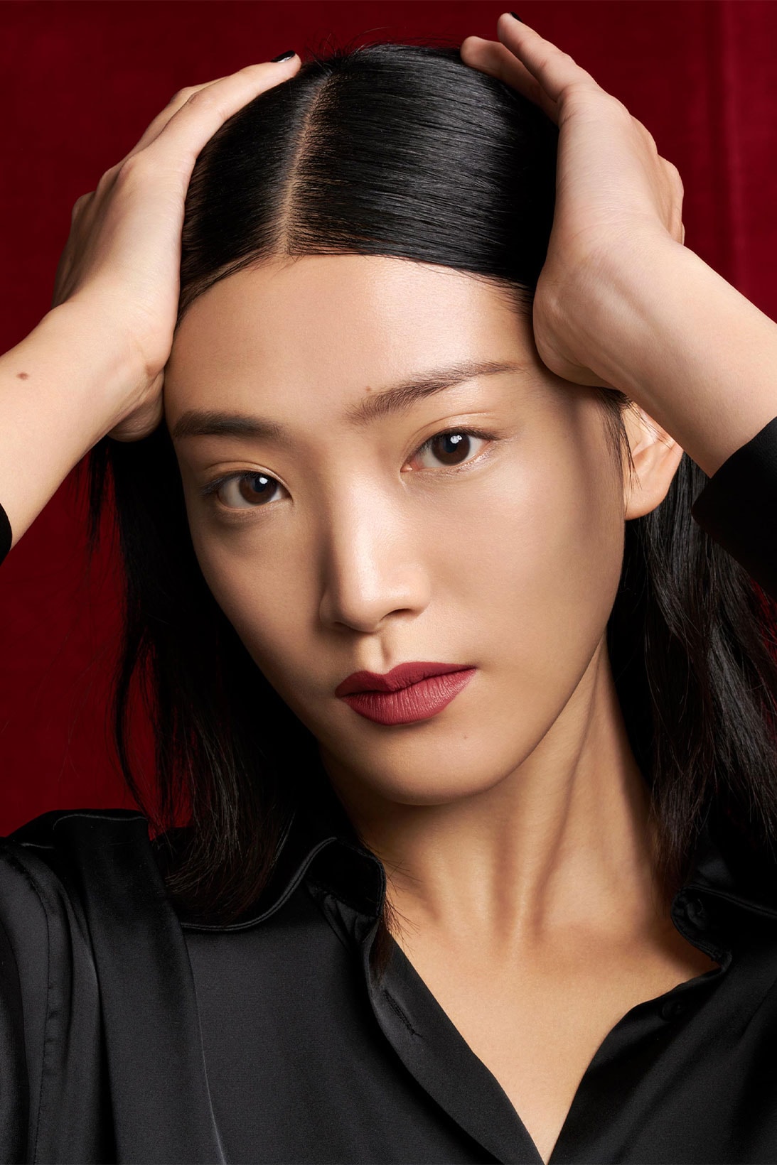 YSL Beauty “The Slim Velvet Radical” model maroon shade
