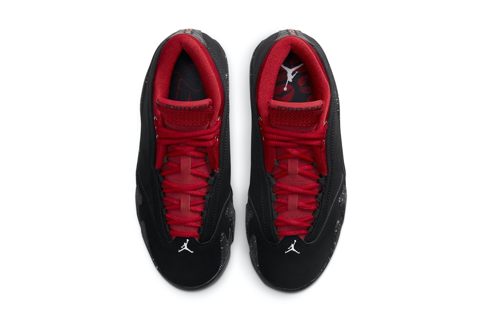 Nike Womens Air Jordan 14 AJ14 Low Red Lipstick Black Sneakers Footwear Kicks Sneakerhead Shoes Aerial Top View Insoles