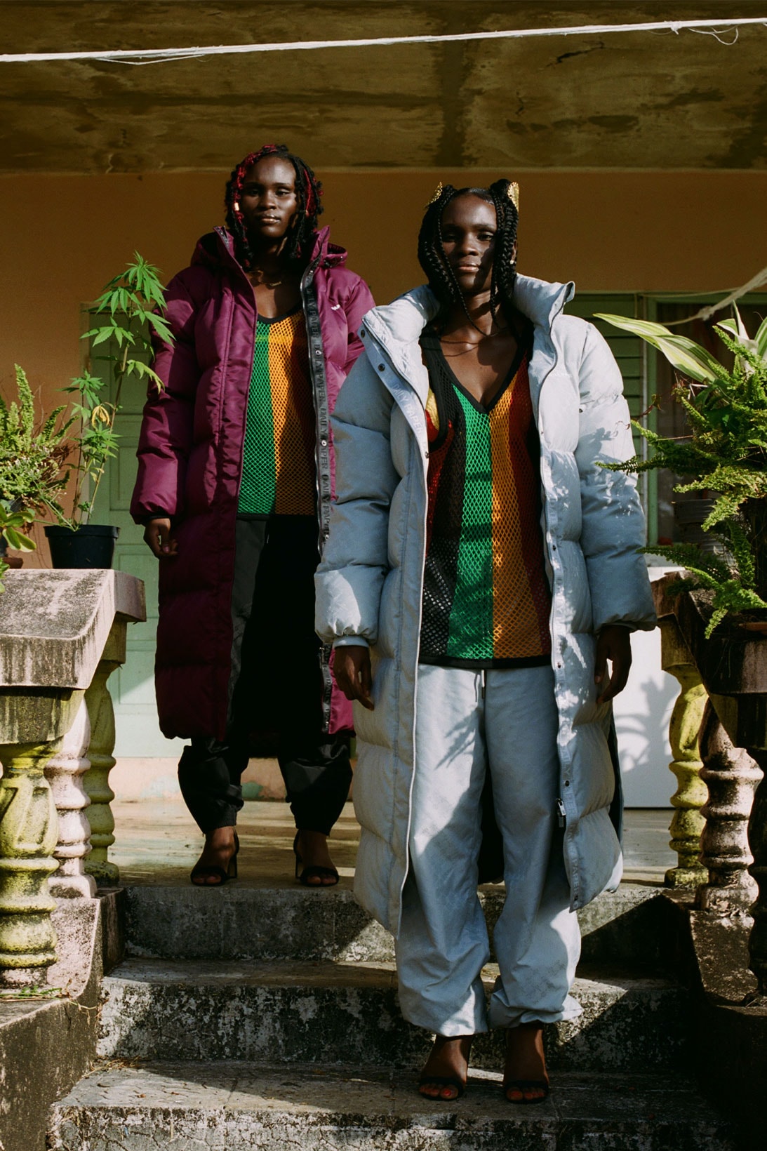 Daily Paper Jamaica FW21 Capsule bright puffer jacket maroon green