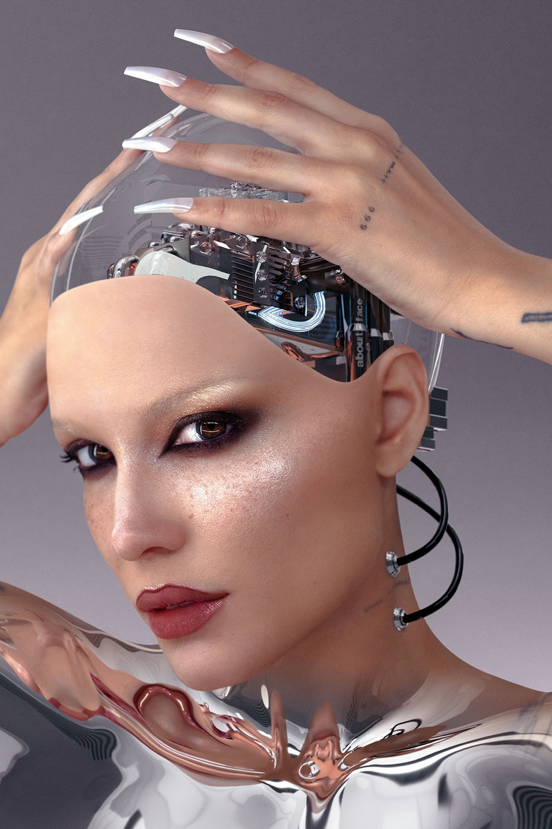 Halsey about-face Fractal Makeup Glitter Cyborg Robot Nails