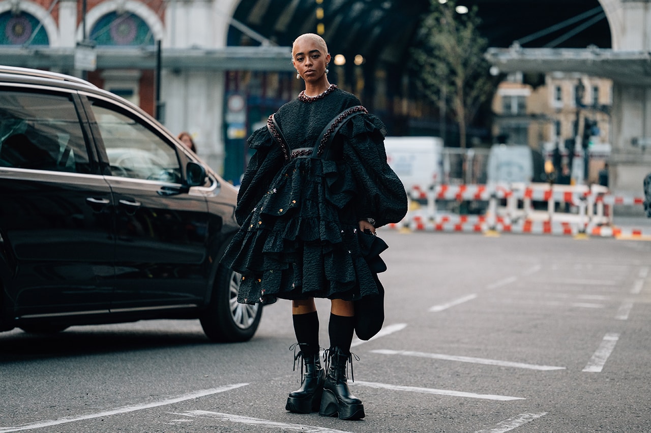 London Fashion Week SS22 Spring Summer 2022 Street Style Looks Outfits Influencer Musician Kelsey Lu Simone Rocha Dress Black Boots