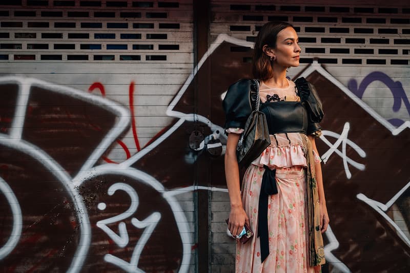 London Fashion Week SS22 Spring Summer 2022 Street Style Looks Outfits Influencer Model Alexa Chung Simone Rocha Pink Floral Dress Black Puff Sleeve Leather Crop Top Gucci Bag