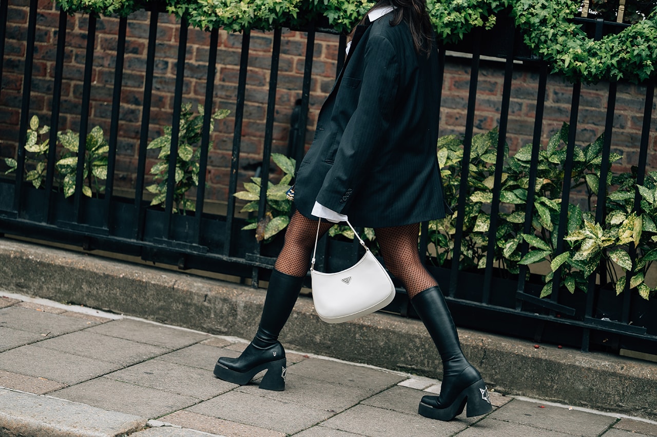 London Fashion Week SS22 Spring Summer 2022 Street Style Looks Outfits Influencer Prada Cleo Bag Naked Wolfe Boots