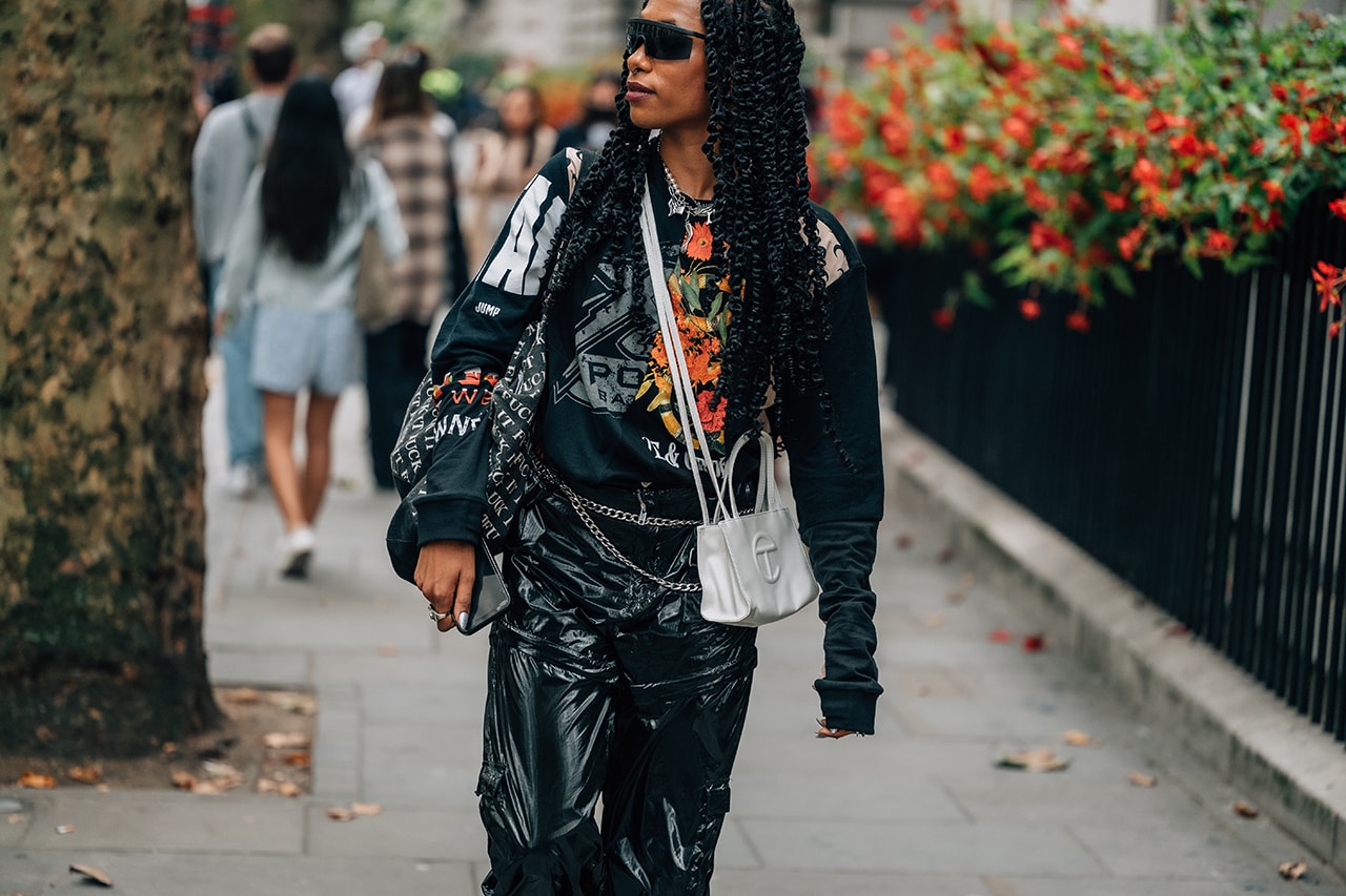 London Fashion Week SS22 Spring Summer 2022 Street Style Looks Outfits Influencer Marine Serre Sweater Telfar Silver Mini Shopping Bag Sunglasses